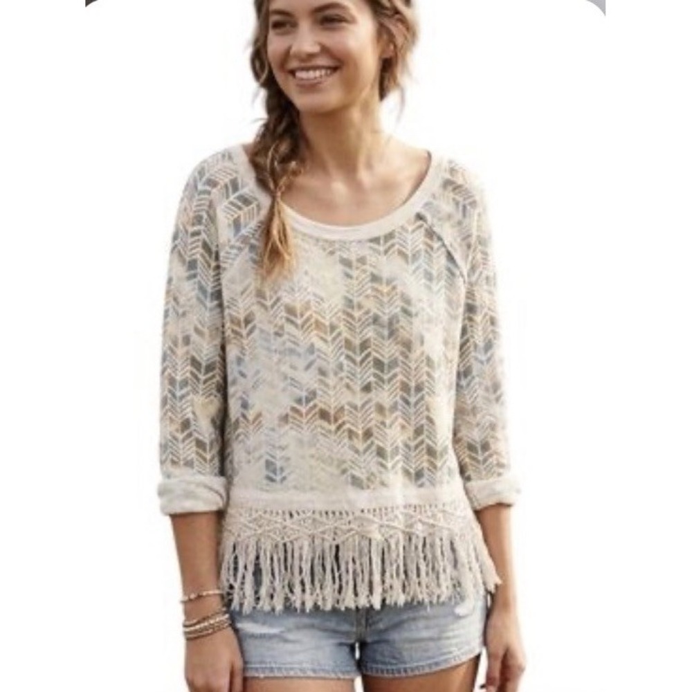 Free People Chevron Printed French Terry Top Macrame Fringe Hem Off-White Small